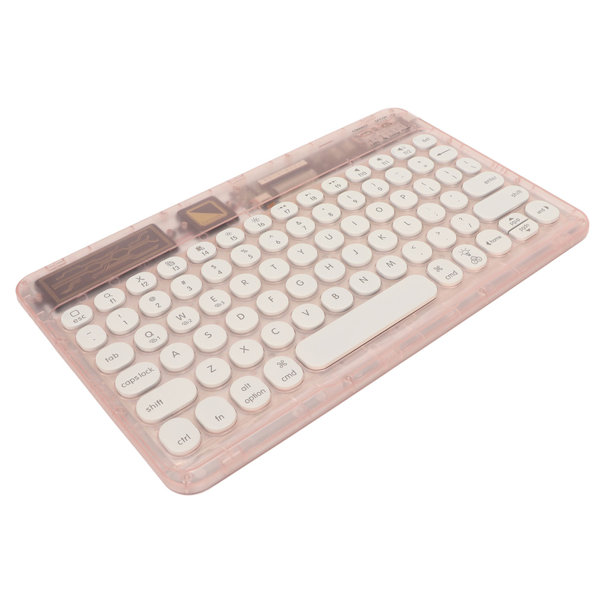 Rosa kabellose Tastatur mit weißen Tasten und einem kleinen Solarpanel oben drauf.
