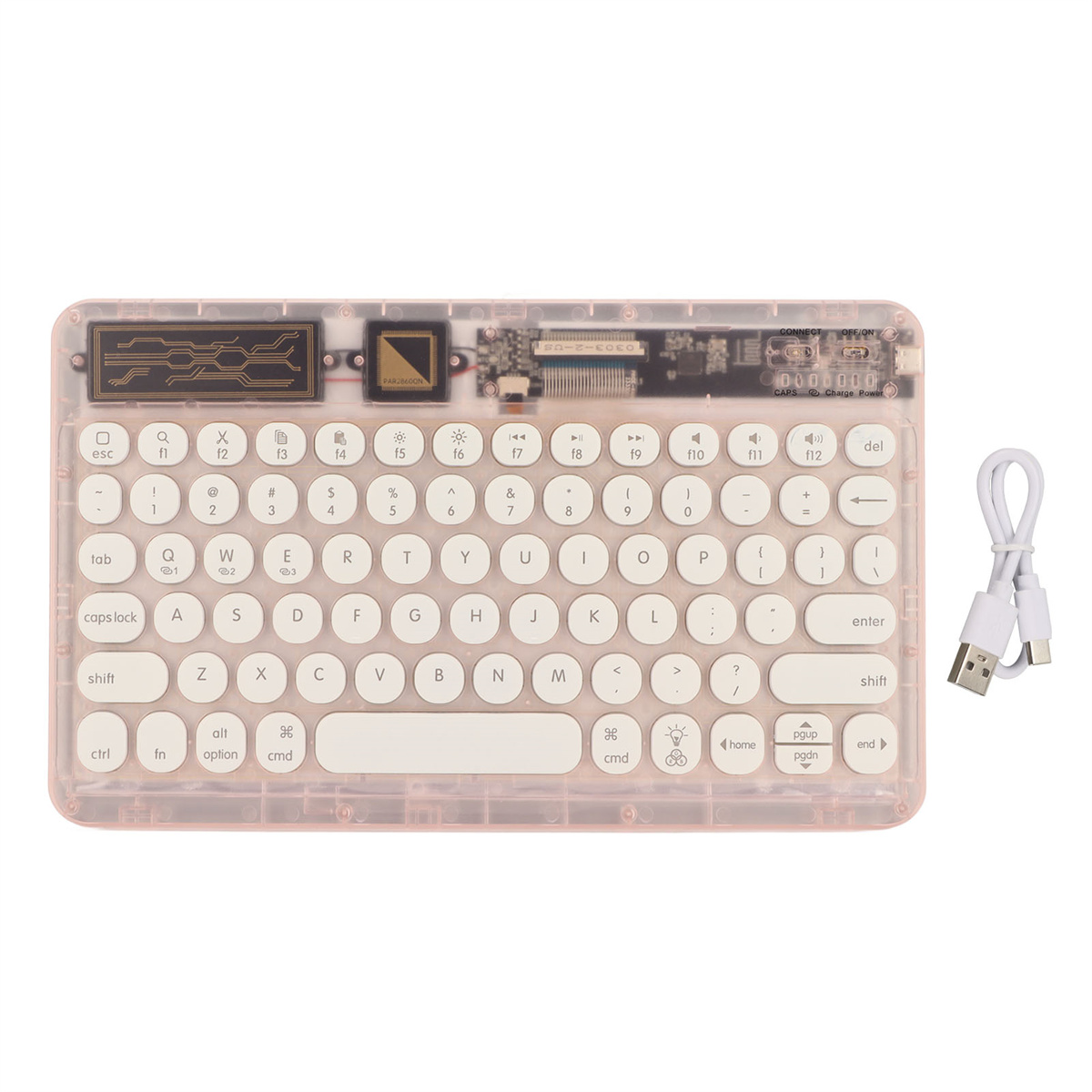 Eine rosa transparente Tastatur mit weißen Tasten und einem weißen USB-Kabel auf weißem Hintergrund.