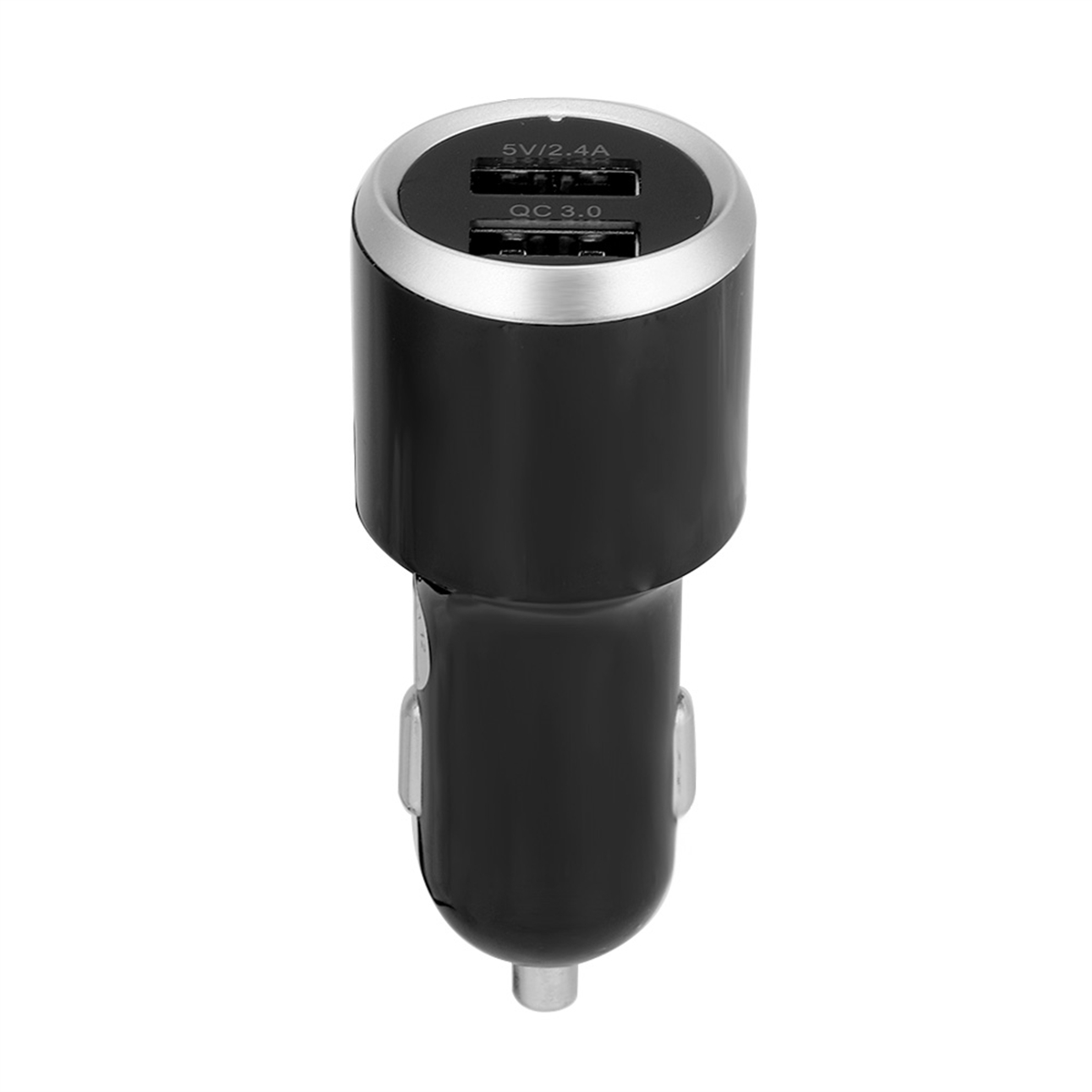 Schwarzes Autoladegerät mit zwei USB-Anschlüssen. Oben sind 5V/2.4A und QC 3.0 beschriftet. Silberner Akzent.