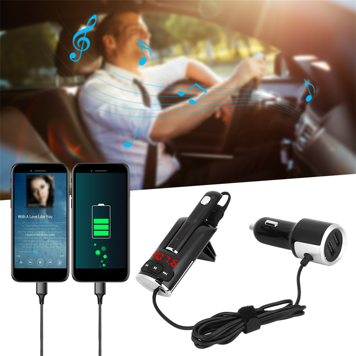 Ein Mann fährt Auto. Zwei Telefone und ein Ladegerät im Vordergrund.