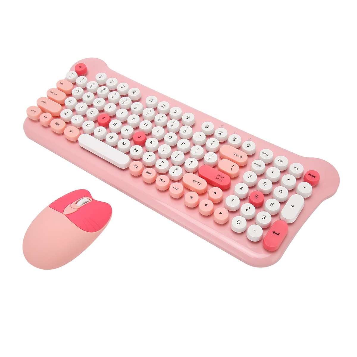 Eine rosa Tastatur und Maus. Die Tastatur hat abgerundete Tasten mit weißen und rosa Farben. Maus ist rosa.