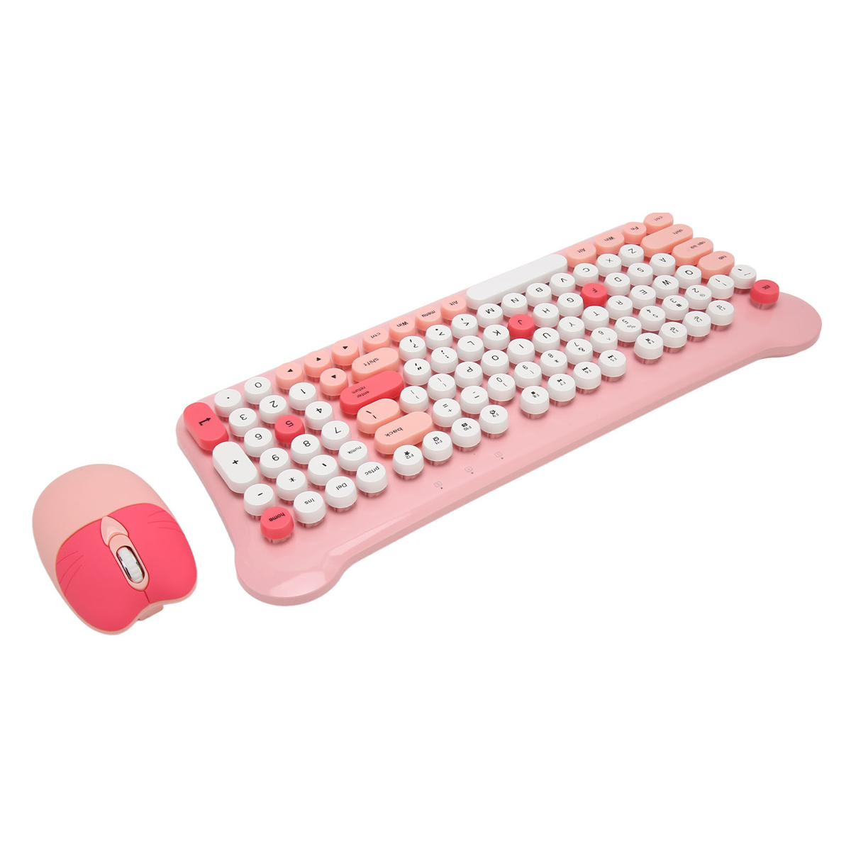 Rosa Tastatur und Maus-Set auf Weiß. Die Tastatur hat runde, weiße und rosa Tasten.