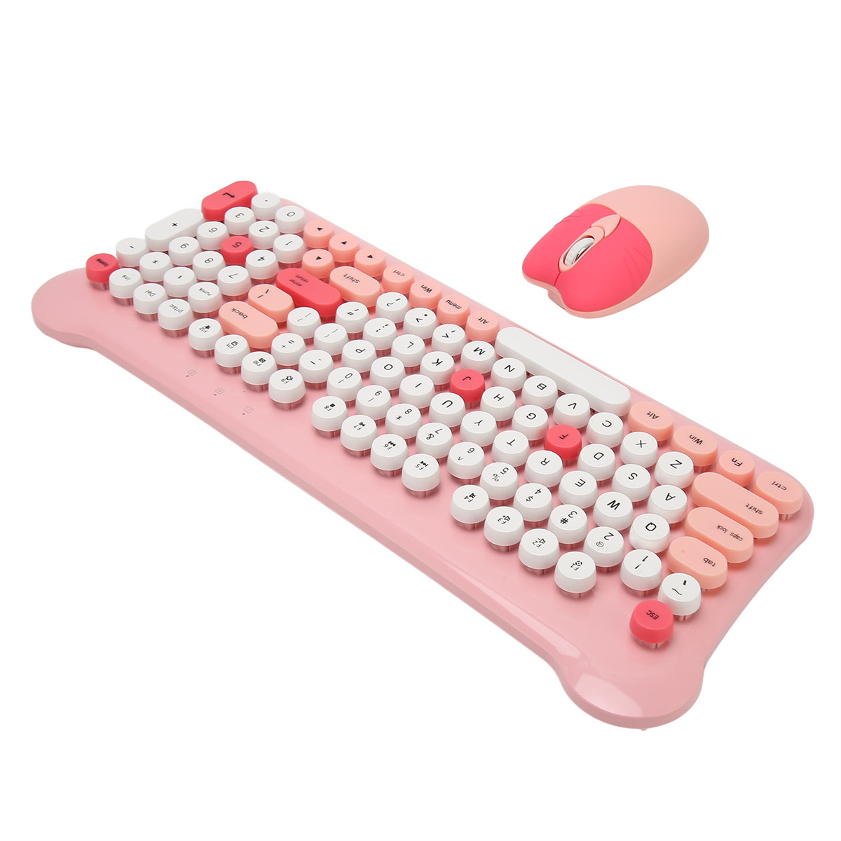 Eine rosa Tastatur und Maus-Kombination. Die Tastatur hat runde Tasten in Weiß und Rosa.
