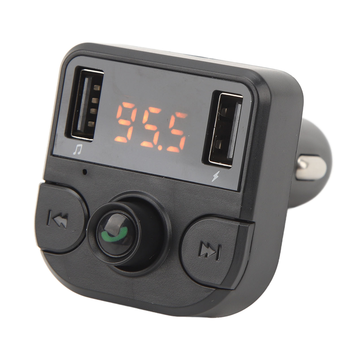 Schwarzer Auto-FM-Transmitter mit Display, das '95.5' anzeigt, sowie USB-Anschlüssen und Tasten.