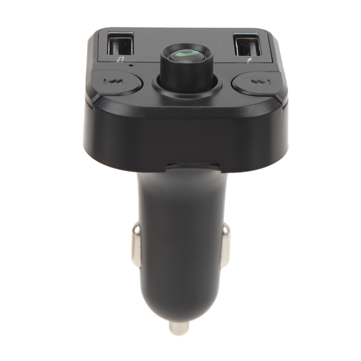 Schwarzes Autoladegerät mit zwei USB-Anschlüssen und Tasten.