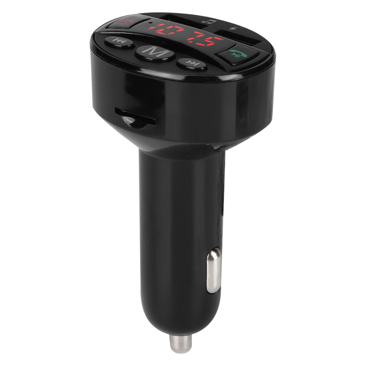 Ein schwarzes USB-Autoladegerät mit digitaler Anzeige, die '107.5' zeigt. Es hat Tasten und USB-Anschlüsse.