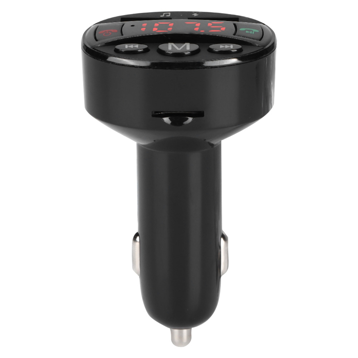 Schwarzer Auto-FM-Transmitter mit Digitalanzeige und Tasten. Das Gerät ist im Auto eingesteckt.