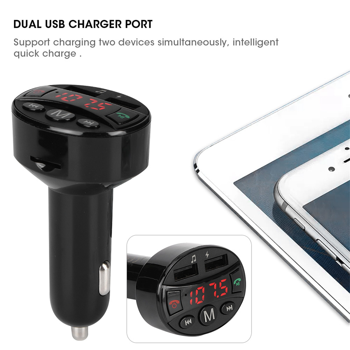 Schwarzes Autoladegerät mit zwei USB-Anschlüssen, zeigt Zahlen an.