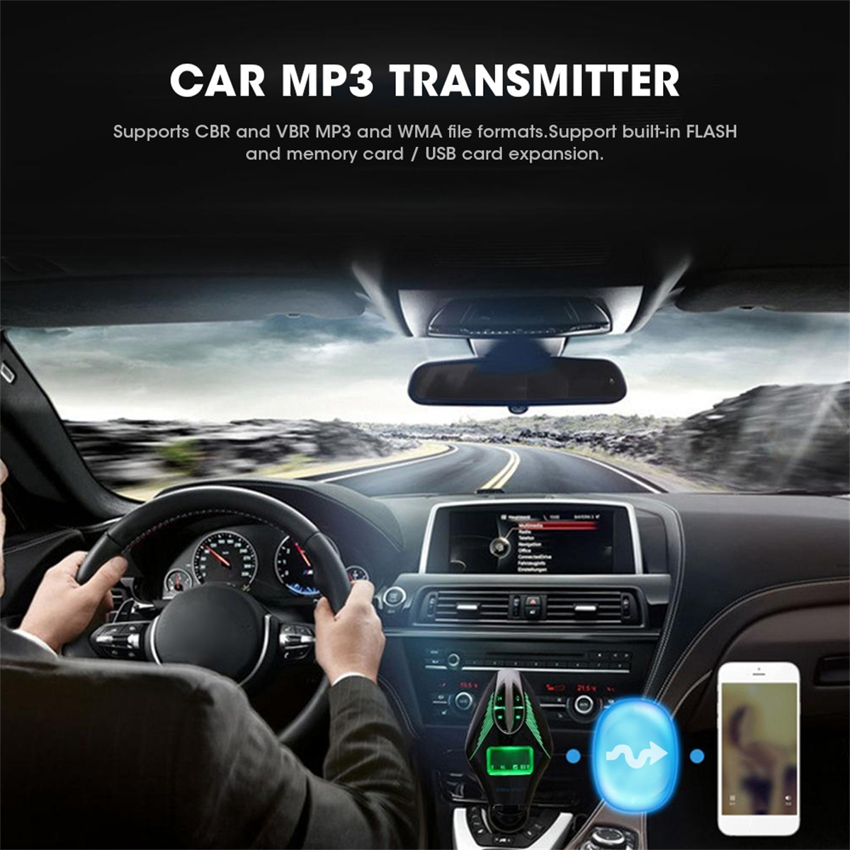 Autoinnenraum mit Fahrer, Armaturenbrett und MP3-Sender mit Telefon.