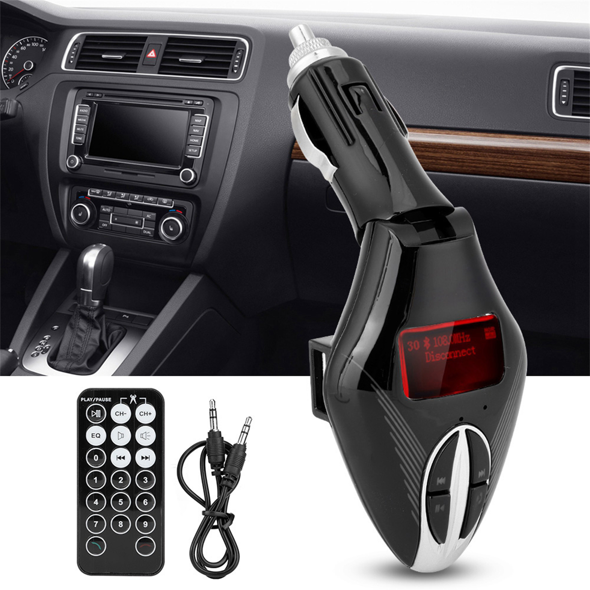 Autoladegerät mit Display und Fernbedienung sowie Kabel mit Aux-Anschlüssen.
