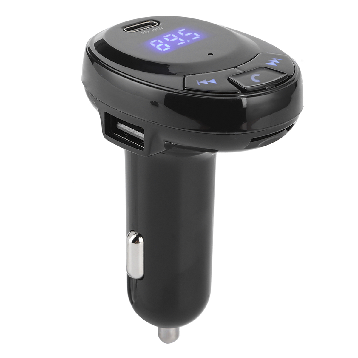 Schwarzer Auto-Bluetooth-FM-Transmitter mit Digitalanzeige und USB-Anschluss.