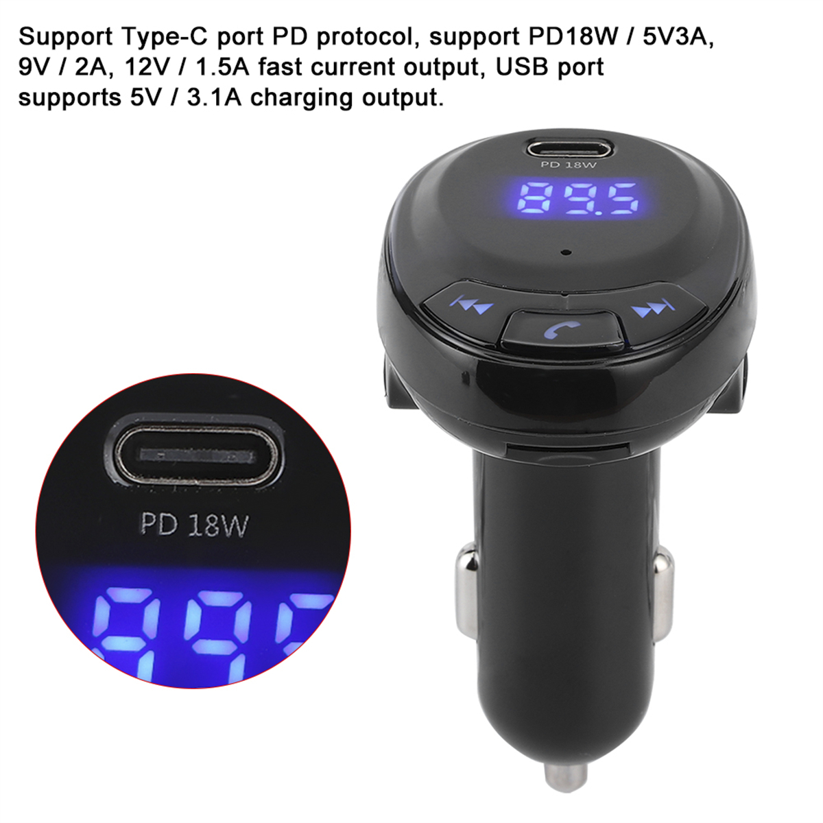 Schwarzes Autoladegerät mit digitaler Anzeige, PD 18W und USB-Anschluss zum Aufladen. Zeigt Ladedetails.