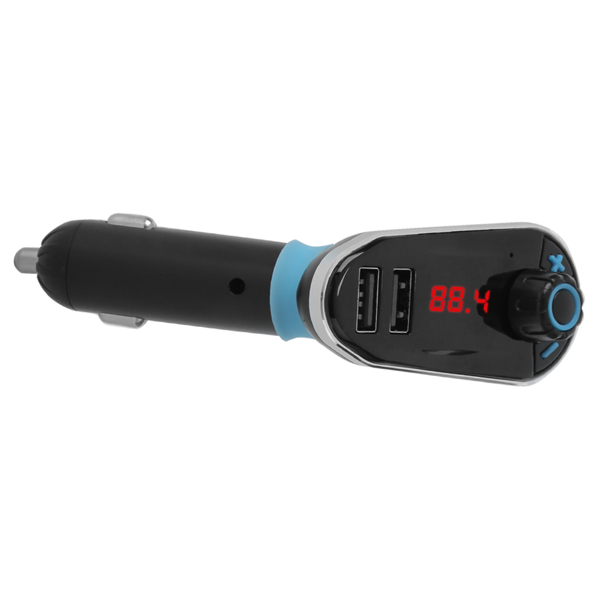 Schwarzer FM-Transmitter für Autos mit Display, das 88,4 anzeigt. Er hat USB-Anschlüsse und einen blauen Ring.