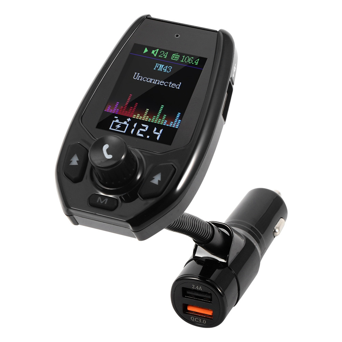 Schwarzes Autoladegerät mit Display, das Musikinformationen und einen USB-Anschluss anzeigt.