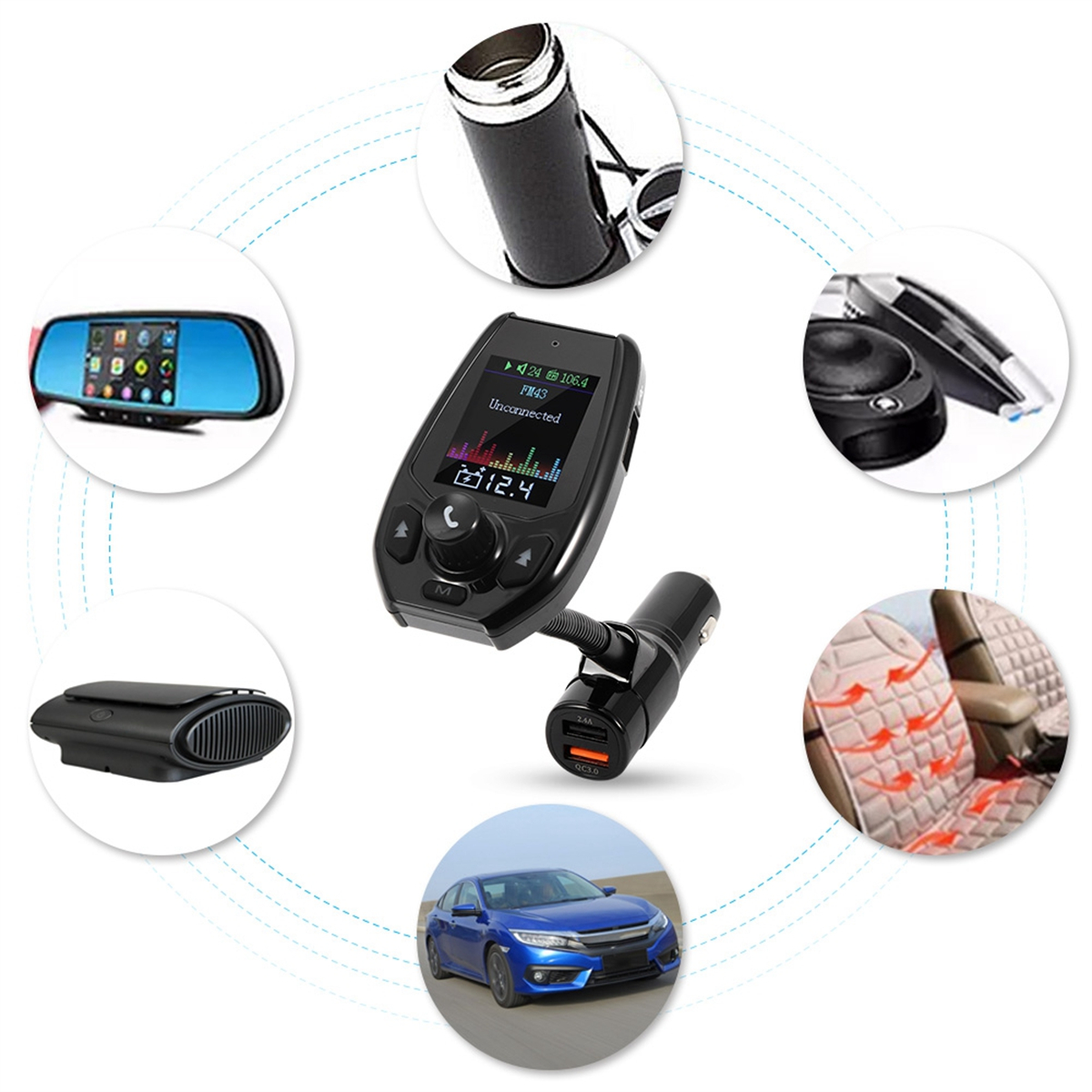 Ein Auto-Audiosystem mit Bildschirm, im Auto montiert, umgeben von zugehörigen Komponenten.