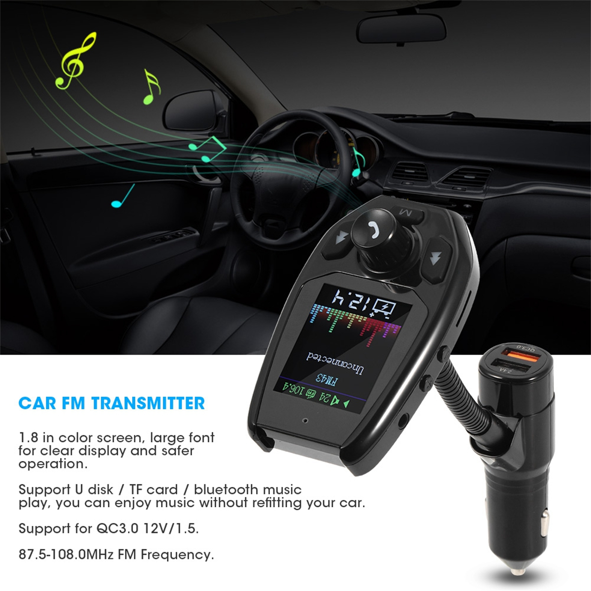Auto-FM-Transmitter mit Bildschirm, der Informationen anzeigt, und zwei USB-Anschlüssen.