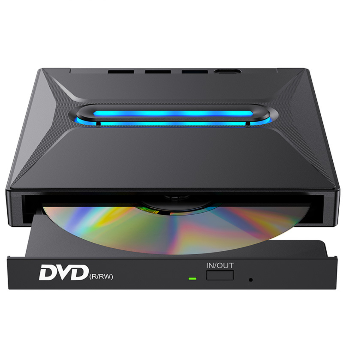 Ein schwarzer DVD-Player mit einer teilweise eingelegten Disc. Das Fach ist geöffnet, und die Vorderseite ist mit DVD beschriftet.