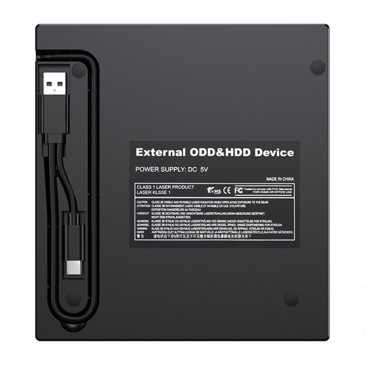Schwarzes externes ODD&HDD-Gerät mit USB-Kabel und Warnhinweis.