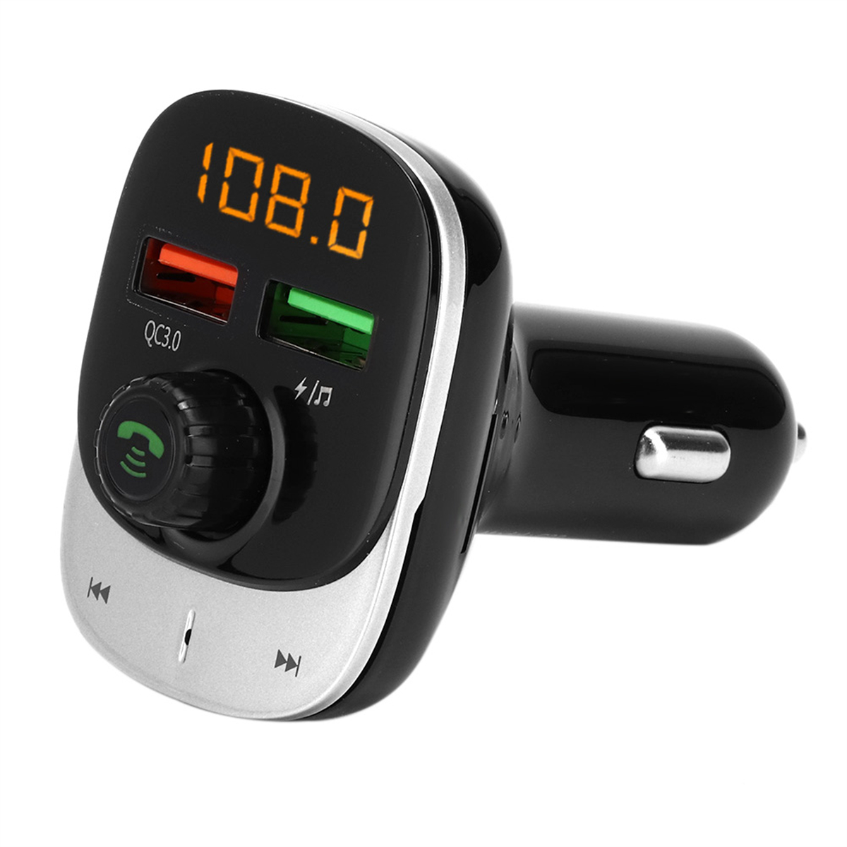 Schwarzer Auto-FM-Transmitter mit USB-Anschlüssen und Digitalanzeige 108.0.