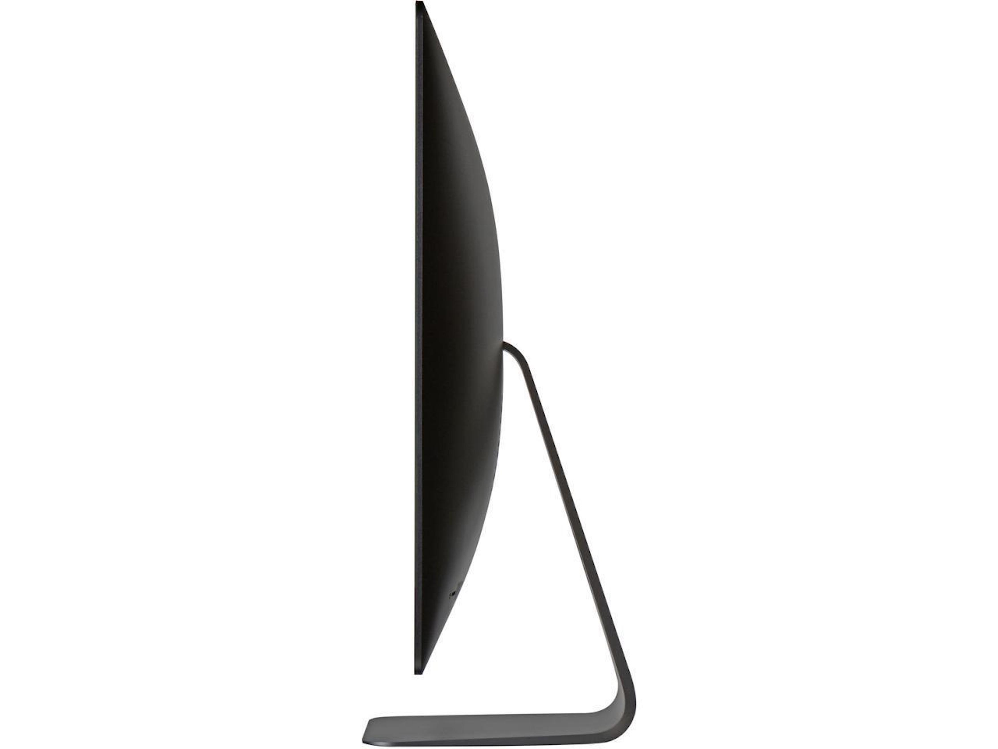 Vista laterale di un monitor nero con un supporto elegante. Sfondo bianco.
