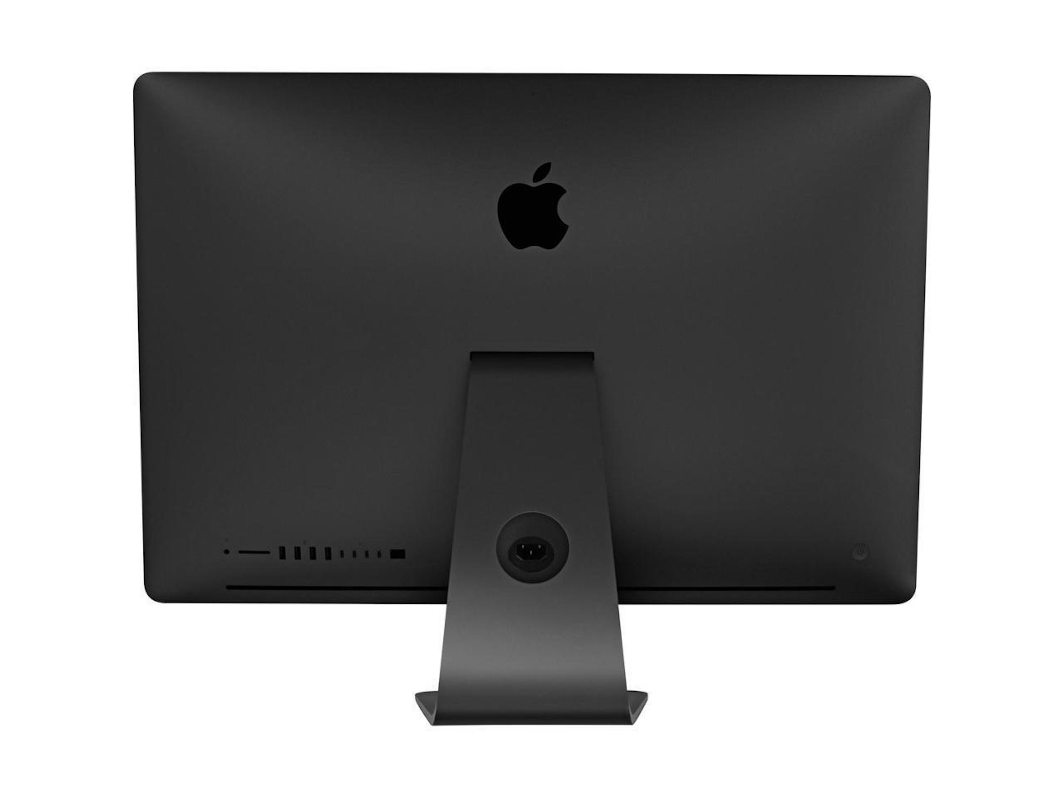 Monitor del computer nero con supporto nero. Logo Apple visibile. Sfondo bianco.