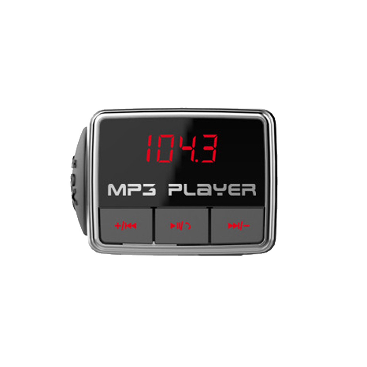 Ein MP3-Player mit digitaler Anzeige 104.3 und Steuertasten, auf Weiß.