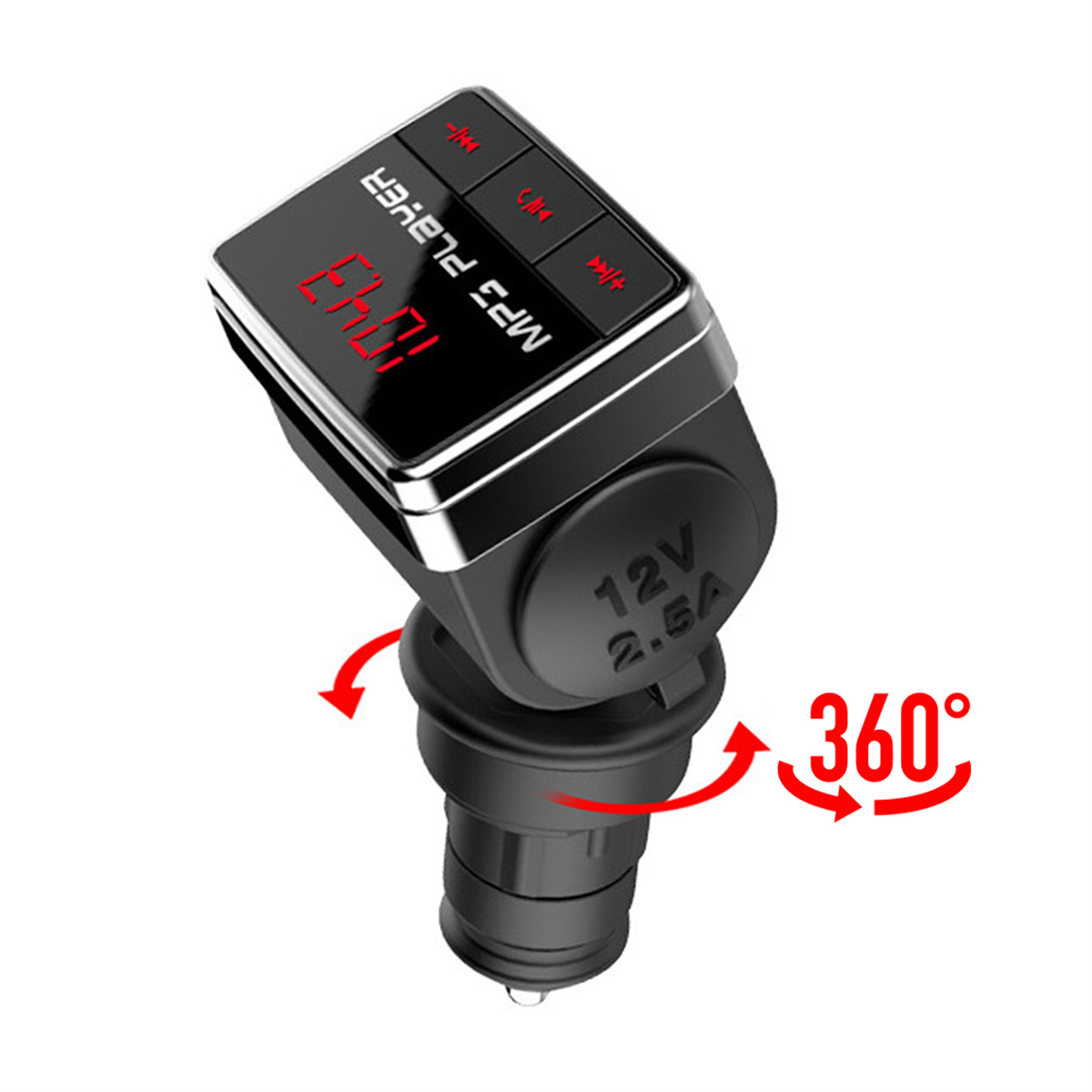 Schwarzer MP3-Player fürs Auto, mit 360-Grad-Drehpfeil und roter Anzeige. Tasten sind sichtbar.