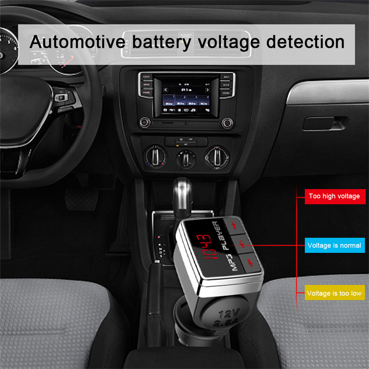 Auto-Armaturenbrett mit MP3-Player, der Spannungspegel anzeigt. Anzeigen zeigen hohe, normale und niedrige Spannung.