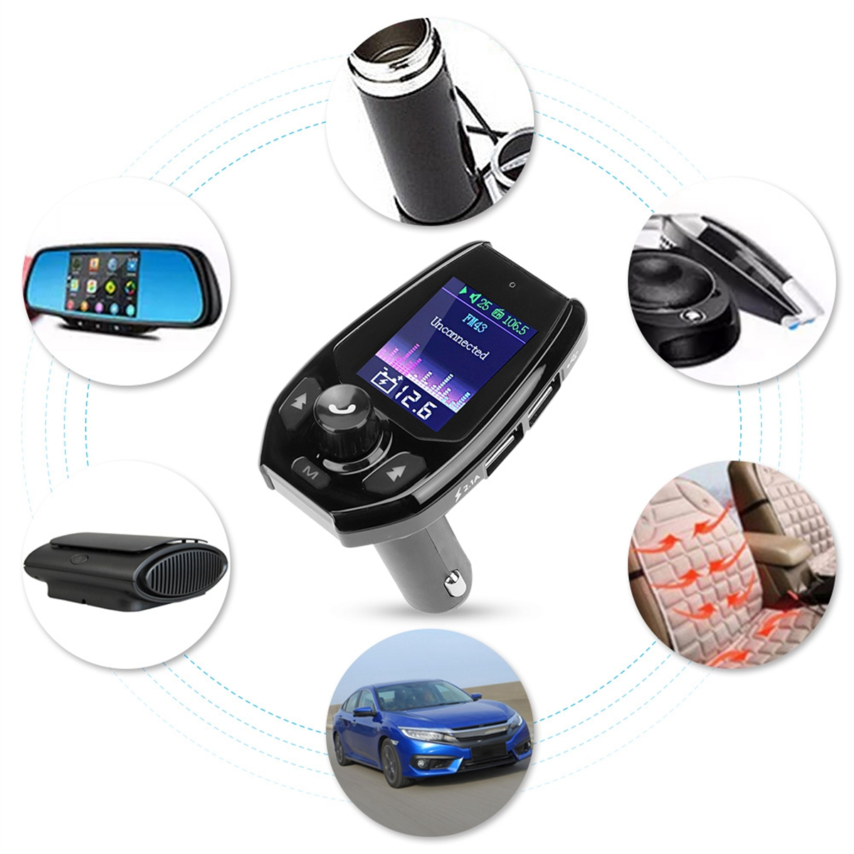 Bluetooth, FM-Transmitter und Auto-Interieur-Elemente sind in kreisförmiger Anordnung vor weißem Hintergrund gezeigt.