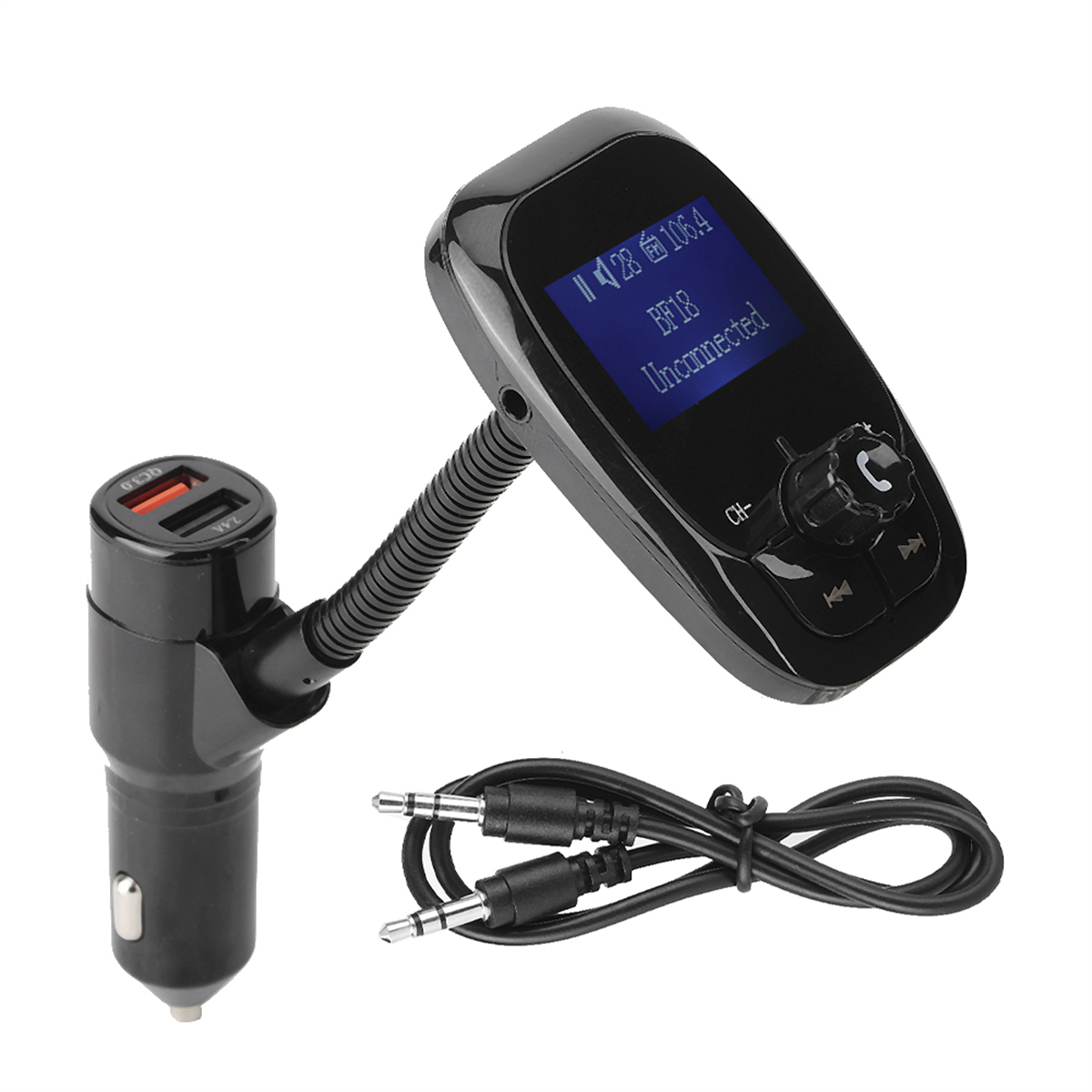 Ein schwarzer Kfz-FM-Transmitter mit USB-Anschluss und Kabel mit zwei Audio-Anschlüssen.