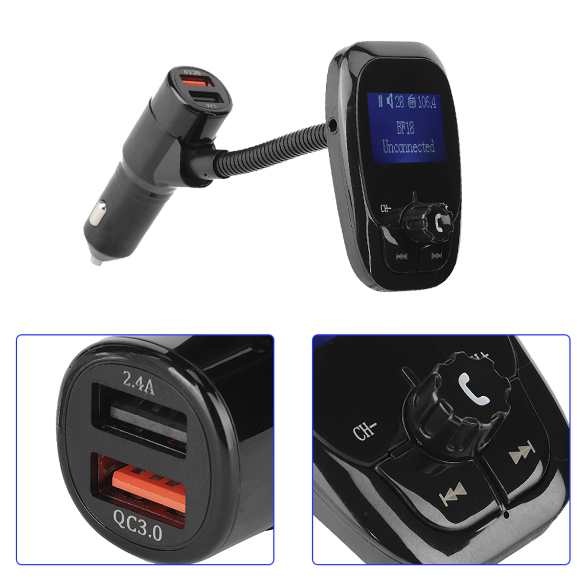 Ein schwarzes und silbernes Autoladegerät mit zwei USB-Anschlüssen und einem Bluetooth FM-Sender mit Bildschirm.