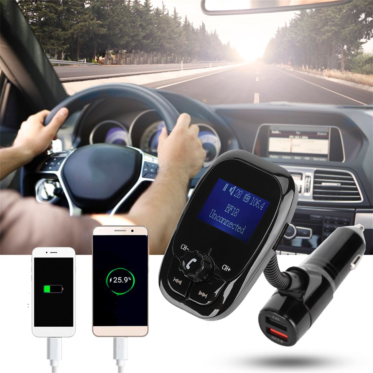 Eine Person fährt Auto mit Autoladegerät und zwei daneben ladenden Telefonen.