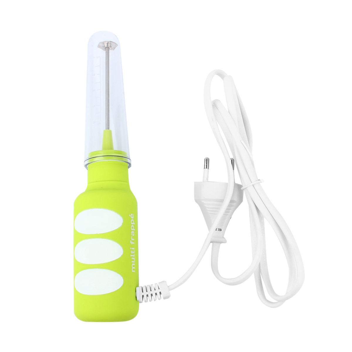 Ein grüner, tragbarer Multi-Frappe-Maker mit weißem Kabel. Der Maker hat eine klare Oberseite und einen runden Körper.