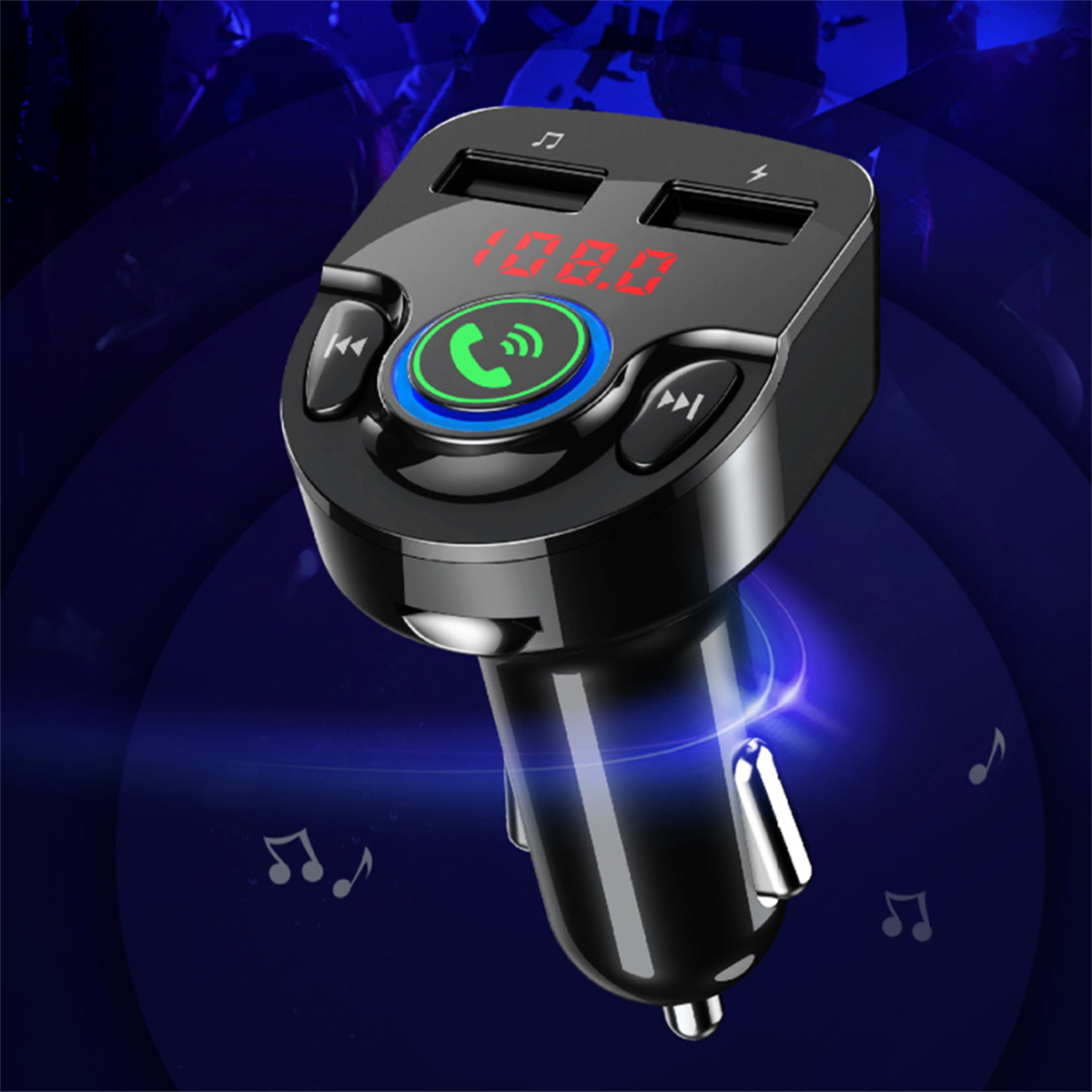 Schwarzer Auto-FM-Transmitter mit Digitalanzeige. Er hat Knöpfe und USB-Anschlüsse, mit Noten.