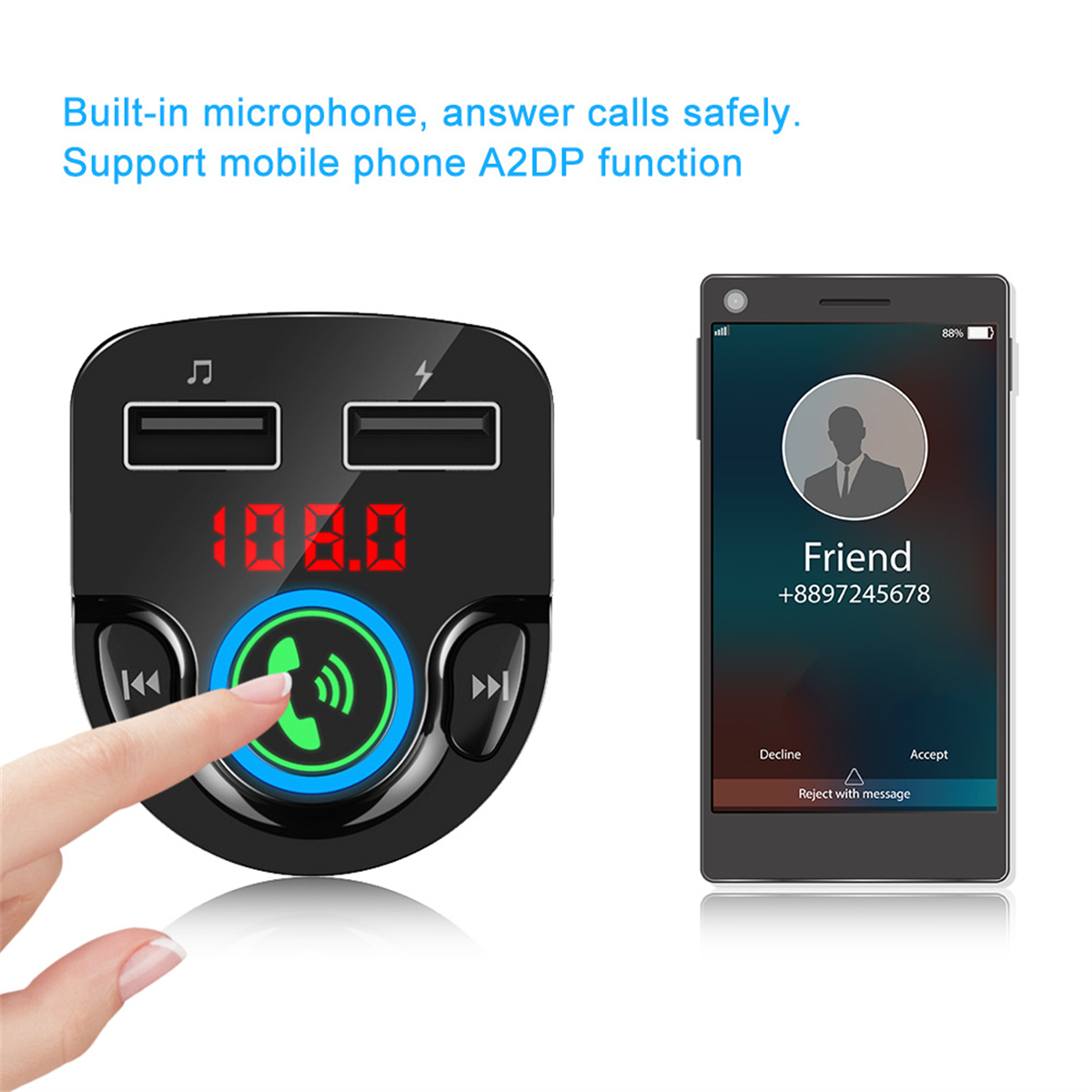 Ein schwarzes Auto-Kit mit einem Bildschirm, der einen Telefonanruf zeigt. Das Telefon wird ebenfalls gezeigt, mit Optionen zum Annehmen und Ablehnen.