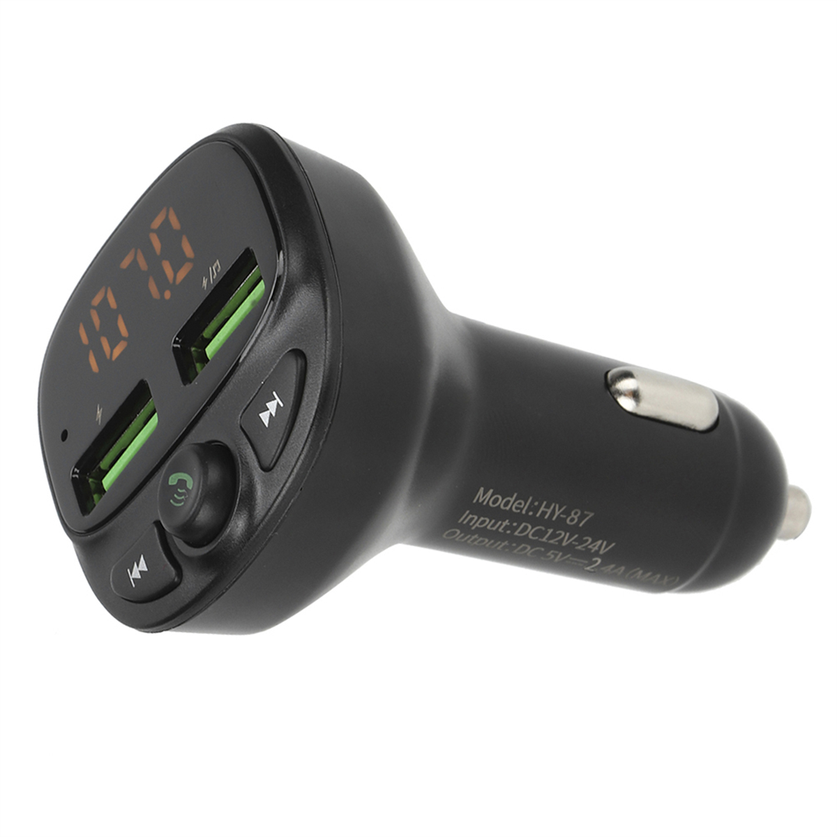 Schwarzes Autoladegerät mit Digitalanzeige und Tasten. Enthält USB-Anschlüsse und ein Telefonsymbol.