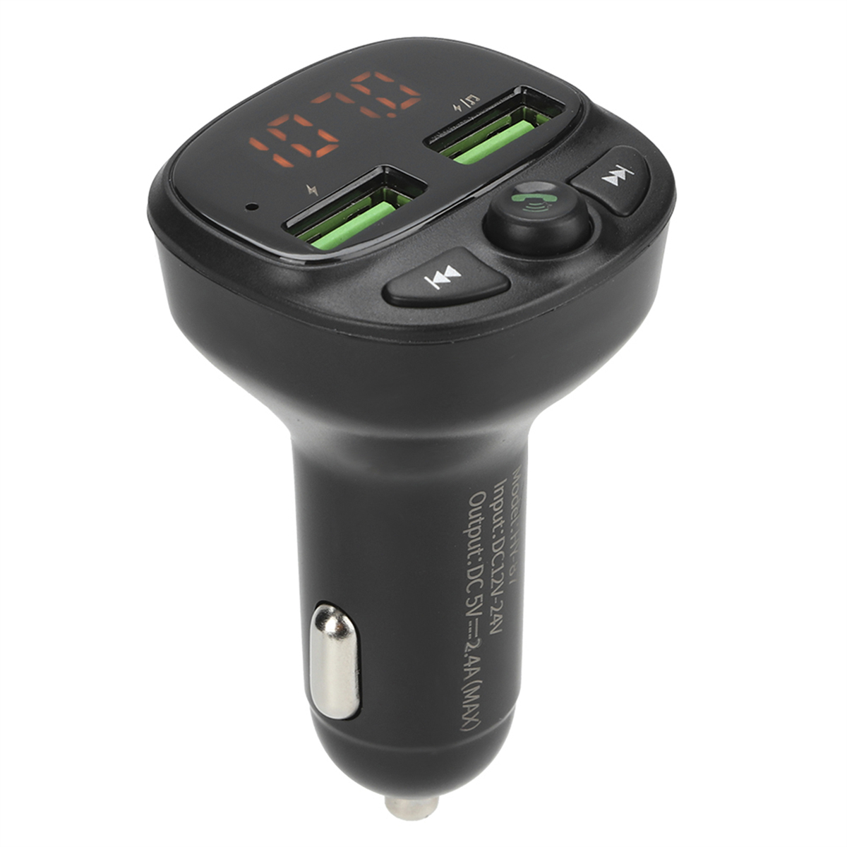 Schwarzer Auto-FM-Transmitter mit Bildschirm und zwei USB-Anschlüssen, mit orangefarbener Digitalanzeige.