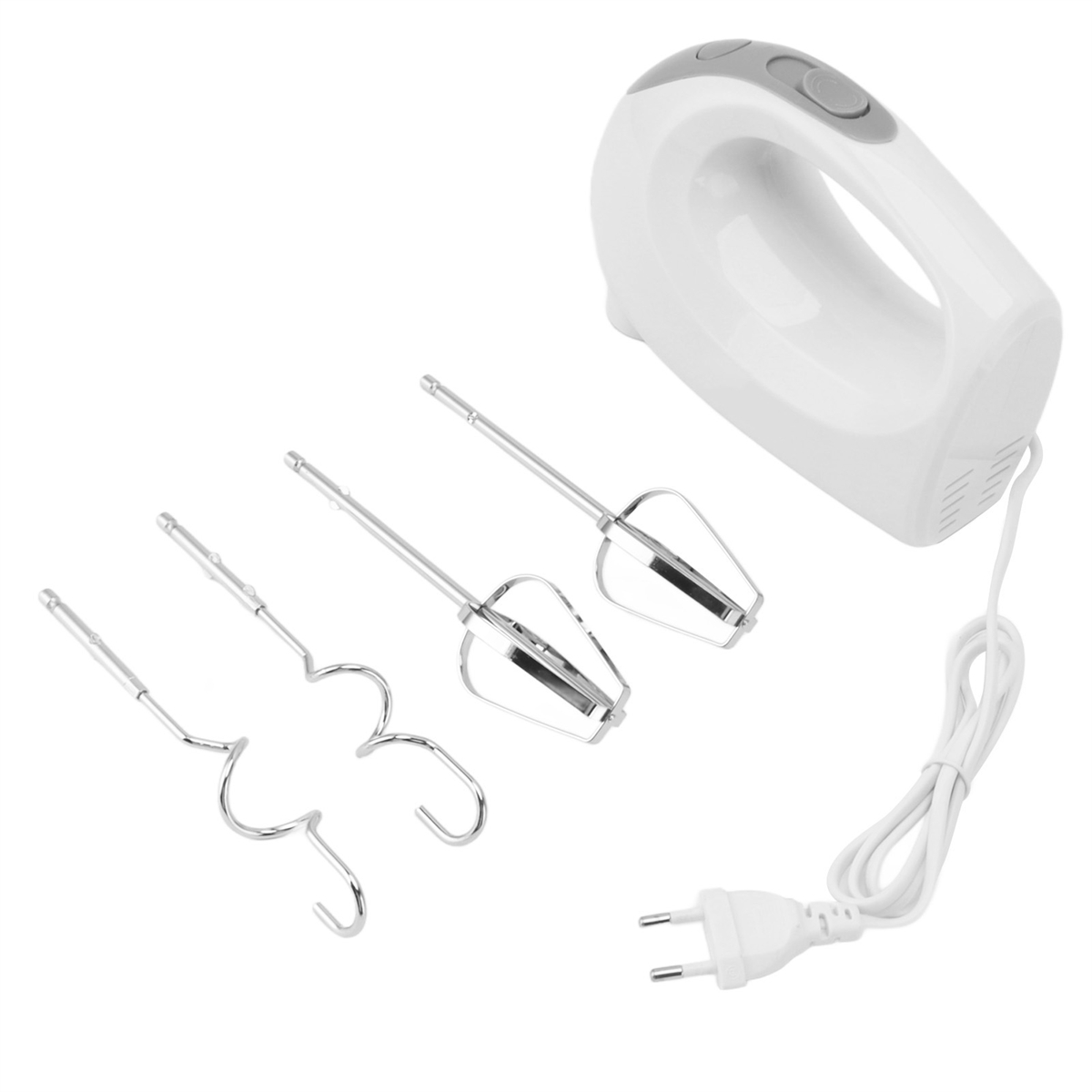 Ein weißer Handmixer mit Rührbesen und Netzkabel. Die Schneebesen sind aus Edelstahl.