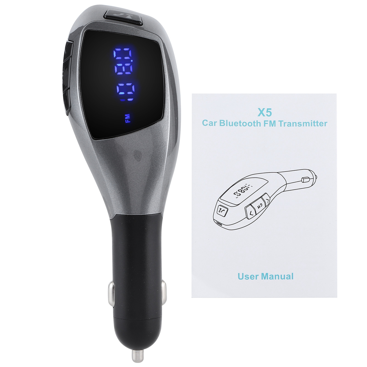 Grauer Bluetooth-FM-Transmitter für Autos mit digitaler Anzeige und Benutzerhandbuch.