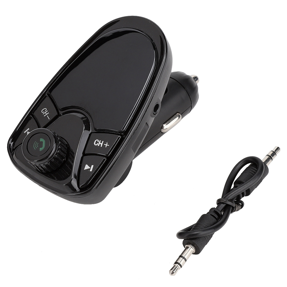 Schwarzer Auto-MP3-Player mit Bedienelementen und einem separaten Kabel mit zwei Audio-Klinkensteckern.