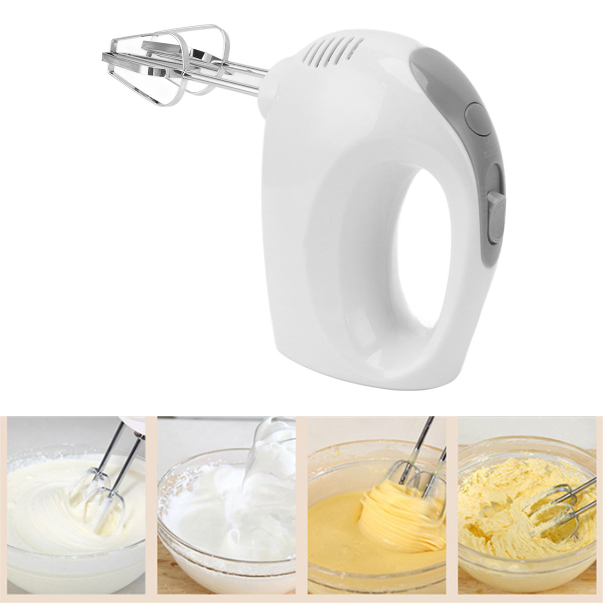 Weißer und grauer Handmixer mit Rührbesen. Vier kleine Bilder zeigen Mischphasen.