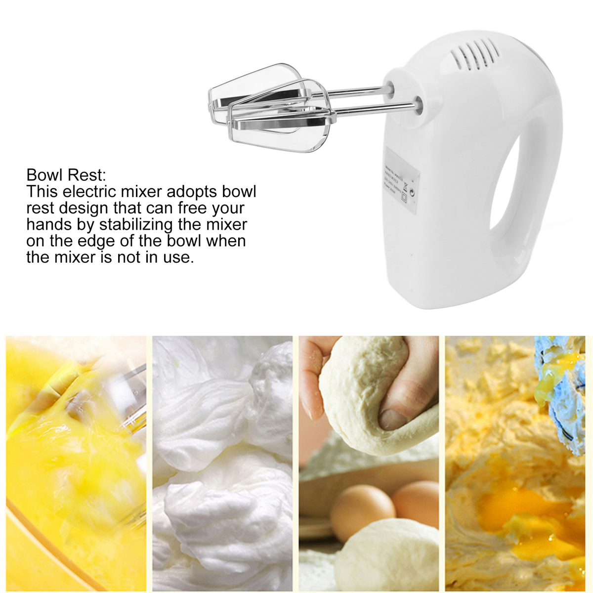 Weißer Handmixer mit Aufsätzen und Bildern von Zutaten wie Eiern und Teig.