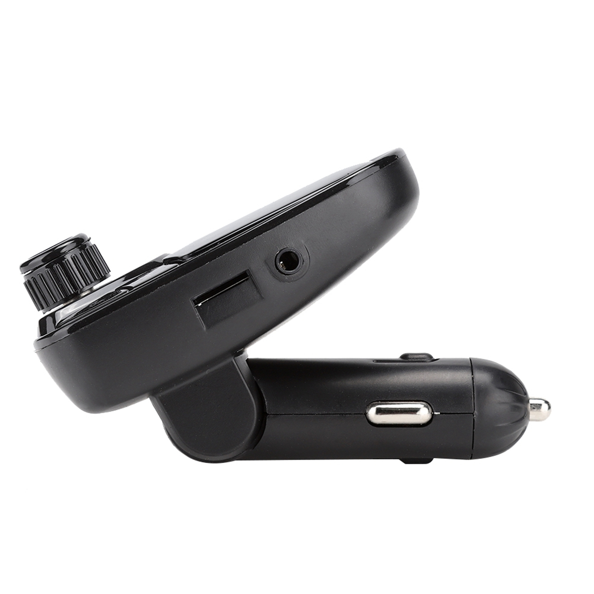 Schwarzer Adapter für ein Autoladegerät, mit USB-Anschluss, Kopfhöreranschluss und Power-Button.