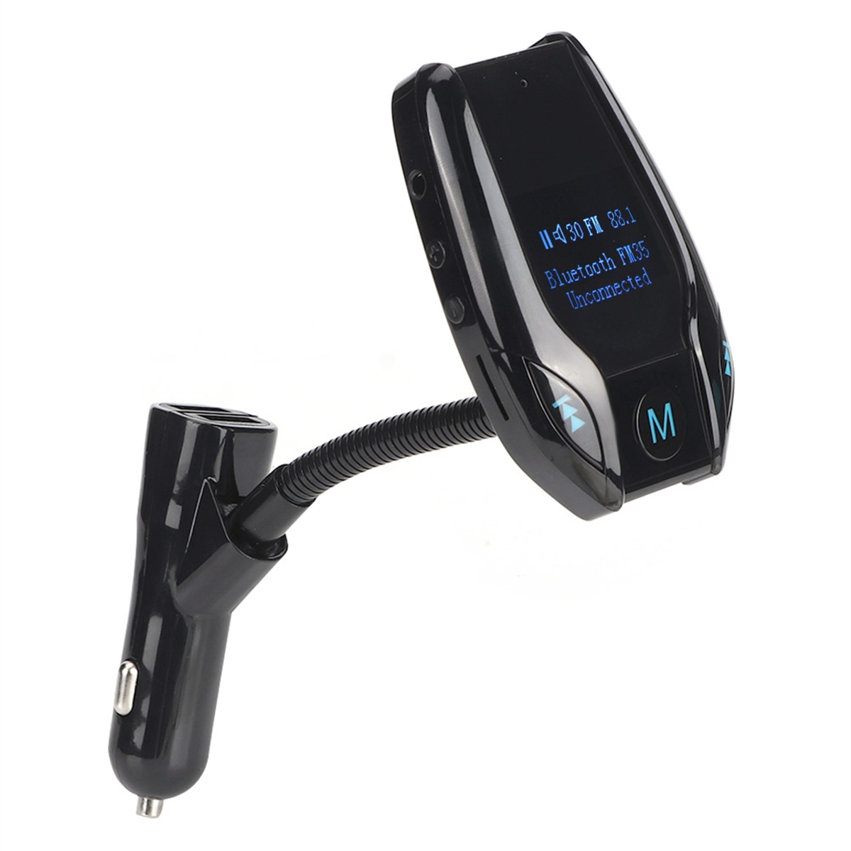 Schwarzer Bluetooth FM-Transmitter. Er hat ein Display und einen flexiblen Hals. Auf weißem Hintergrund.