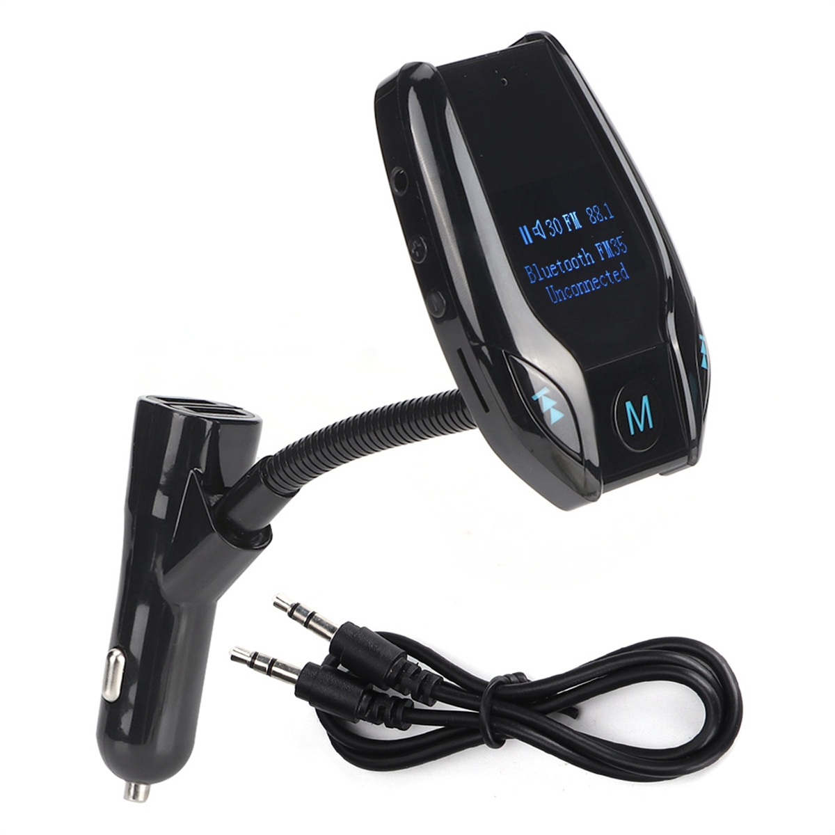 Schwarzer Auto-FM-Transmitter mit Bildschirm, Kabel und Ladegerät.