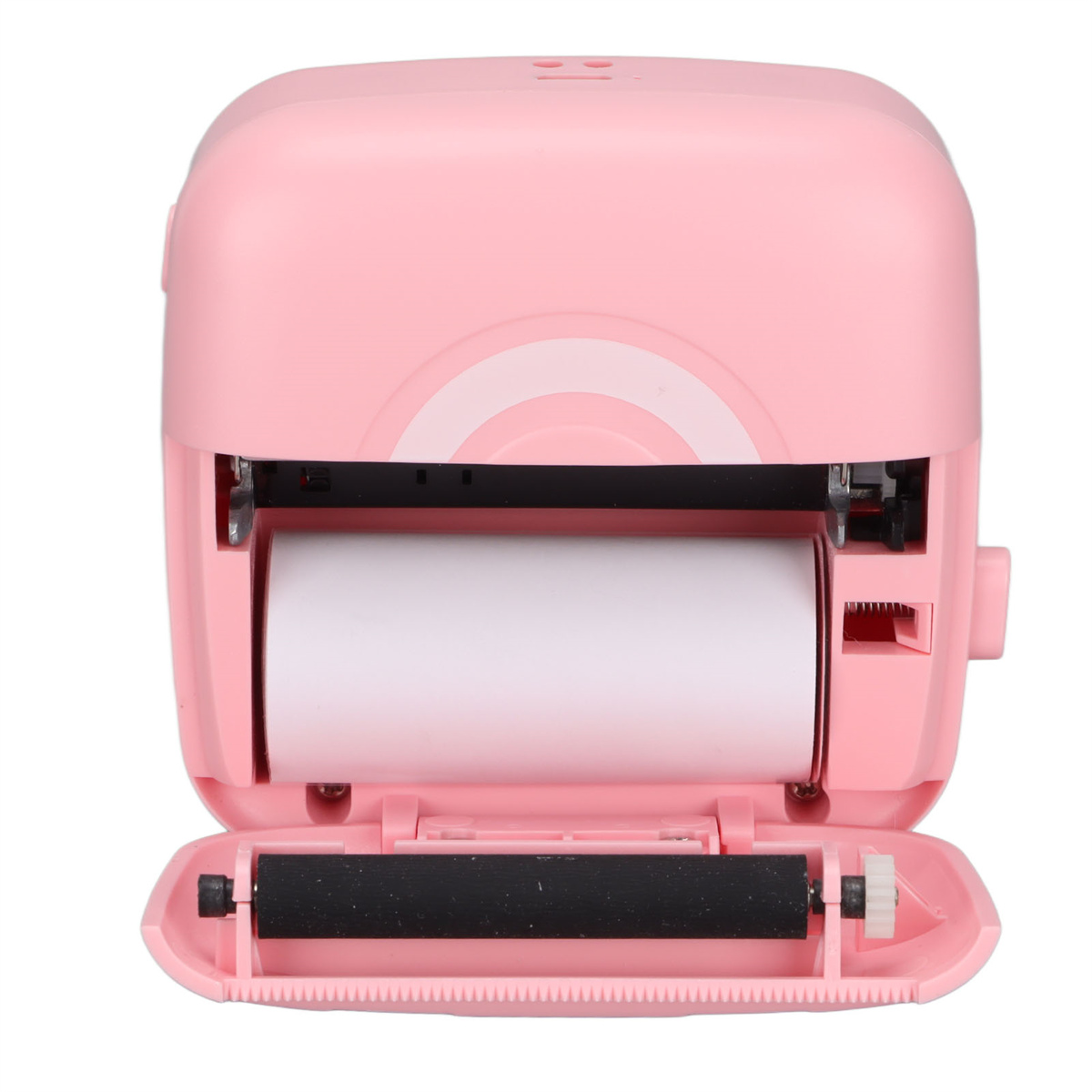 Ein rosa Thermodrucker mit einer Papierrolle im Inneren.