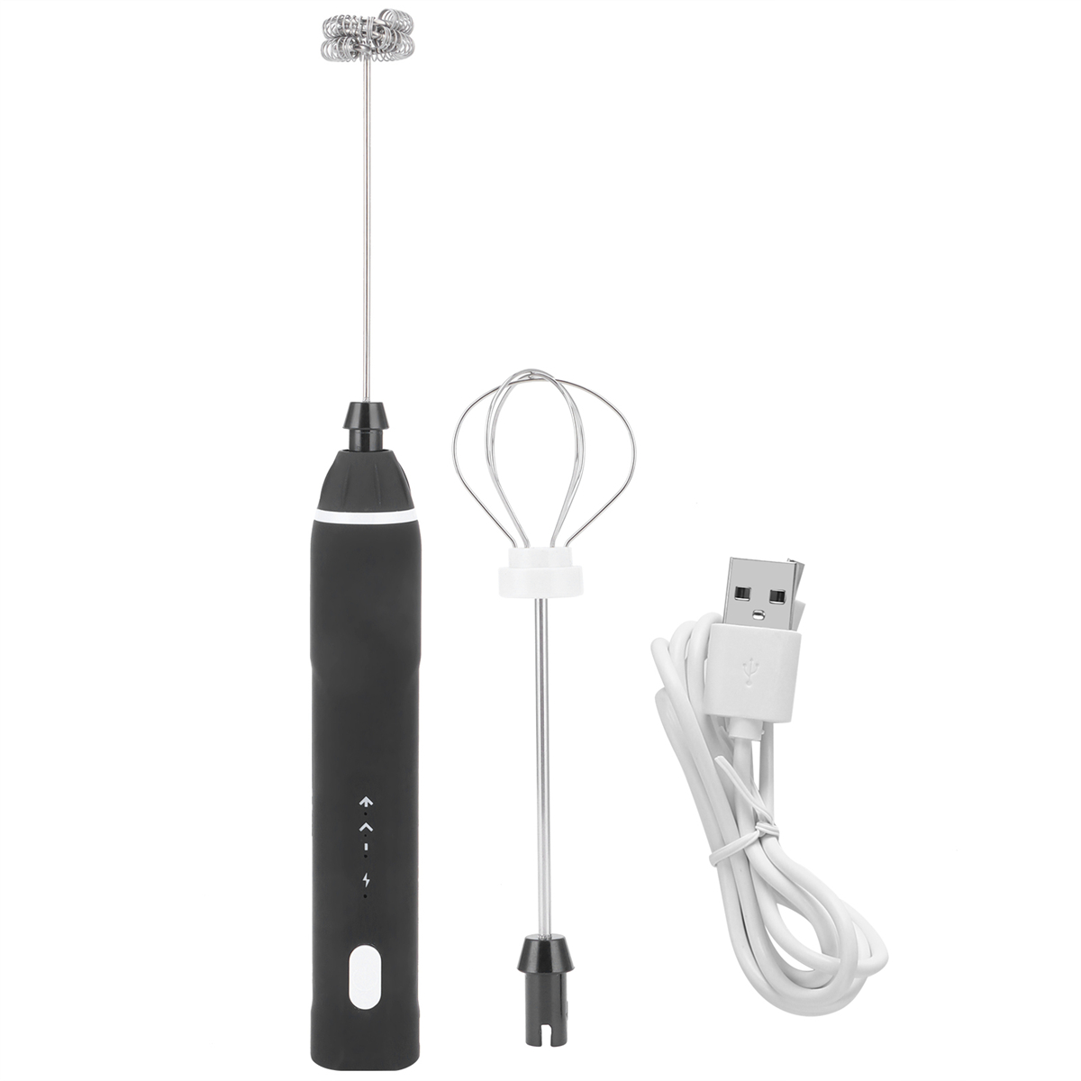 Ein schwarzer, handgehaltener Milchaufschäumer mit Schneebesen und USB-Ladekabel.