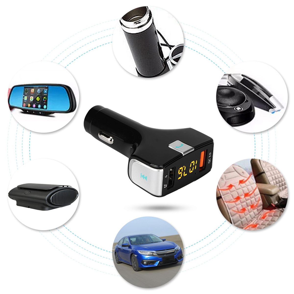 Kfz-Zubehör: USB-Ladegerät, Autospiegel, Autositzbezug und Auto auf weißem Grund.