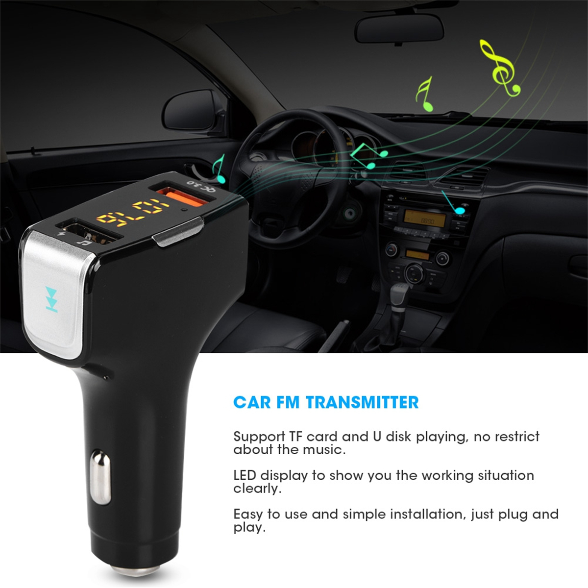 Schwarzer Kfz-FM-Transmitter mit USB-Anschluss, Bildschirm und Kabel mit Audio-Anschlüssen.