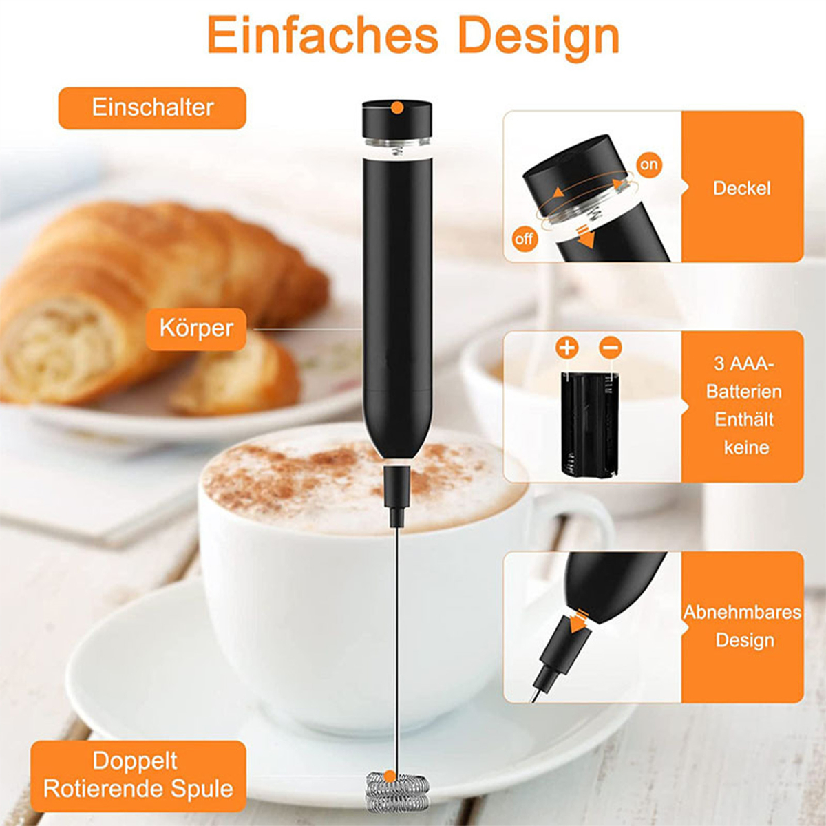 Ein schwarzer und silberner Milchaufschäumer mit Tasse und Croissant.
